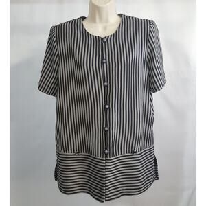 Vintage Miss Dorby Womens 16 Striped Black Gray Top Blouse Button-up Tunic Top